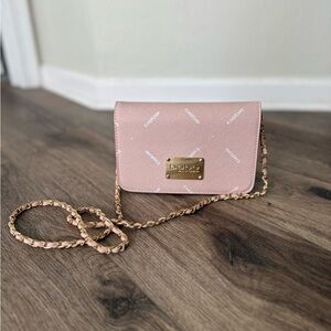 bebe Blush Pink Logo Crossbody with Gold Chain